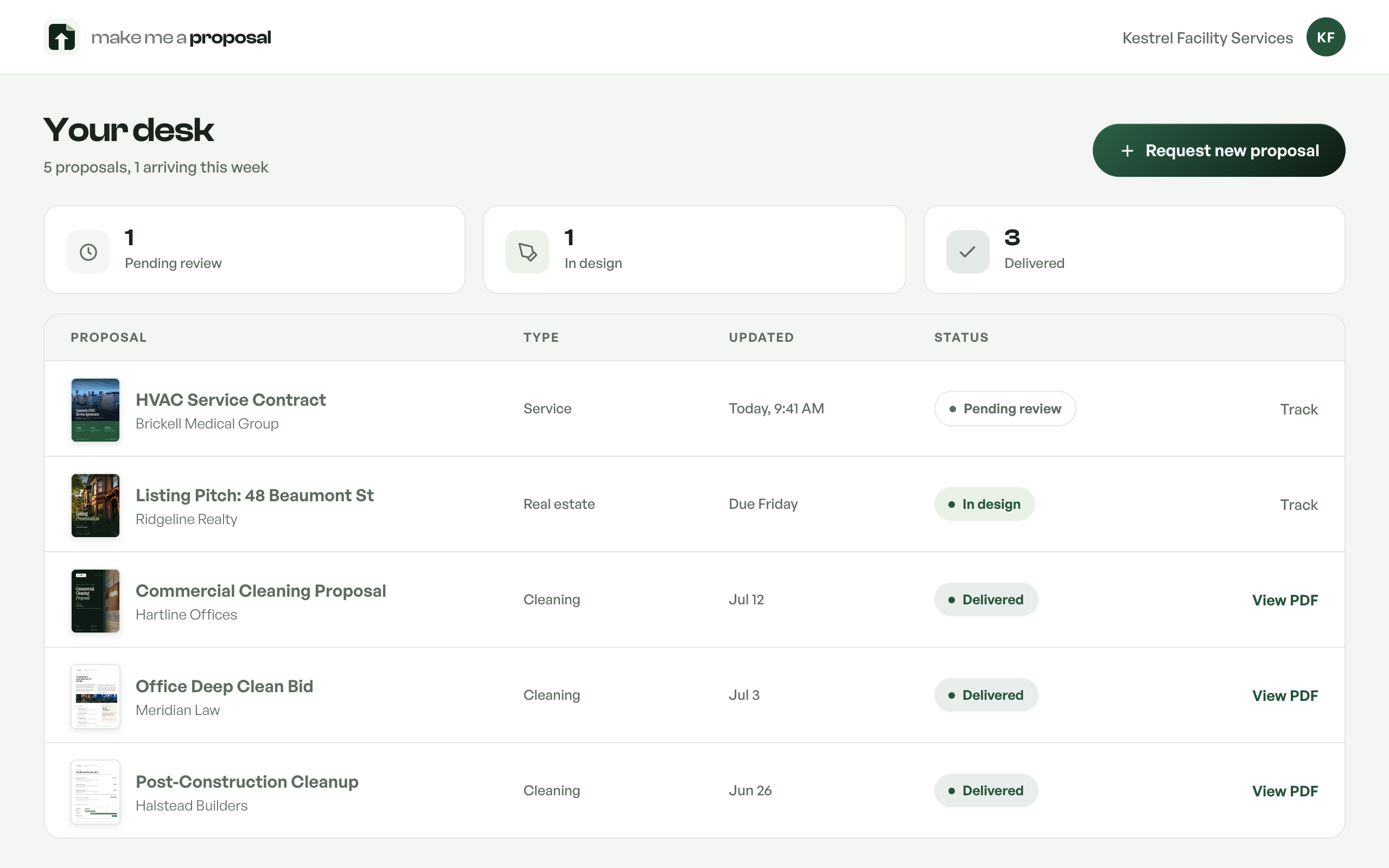 The Make Me A Proposal desk: proposals listed with pending review, in design, and delivered statuses, plus a request new proposal button.
