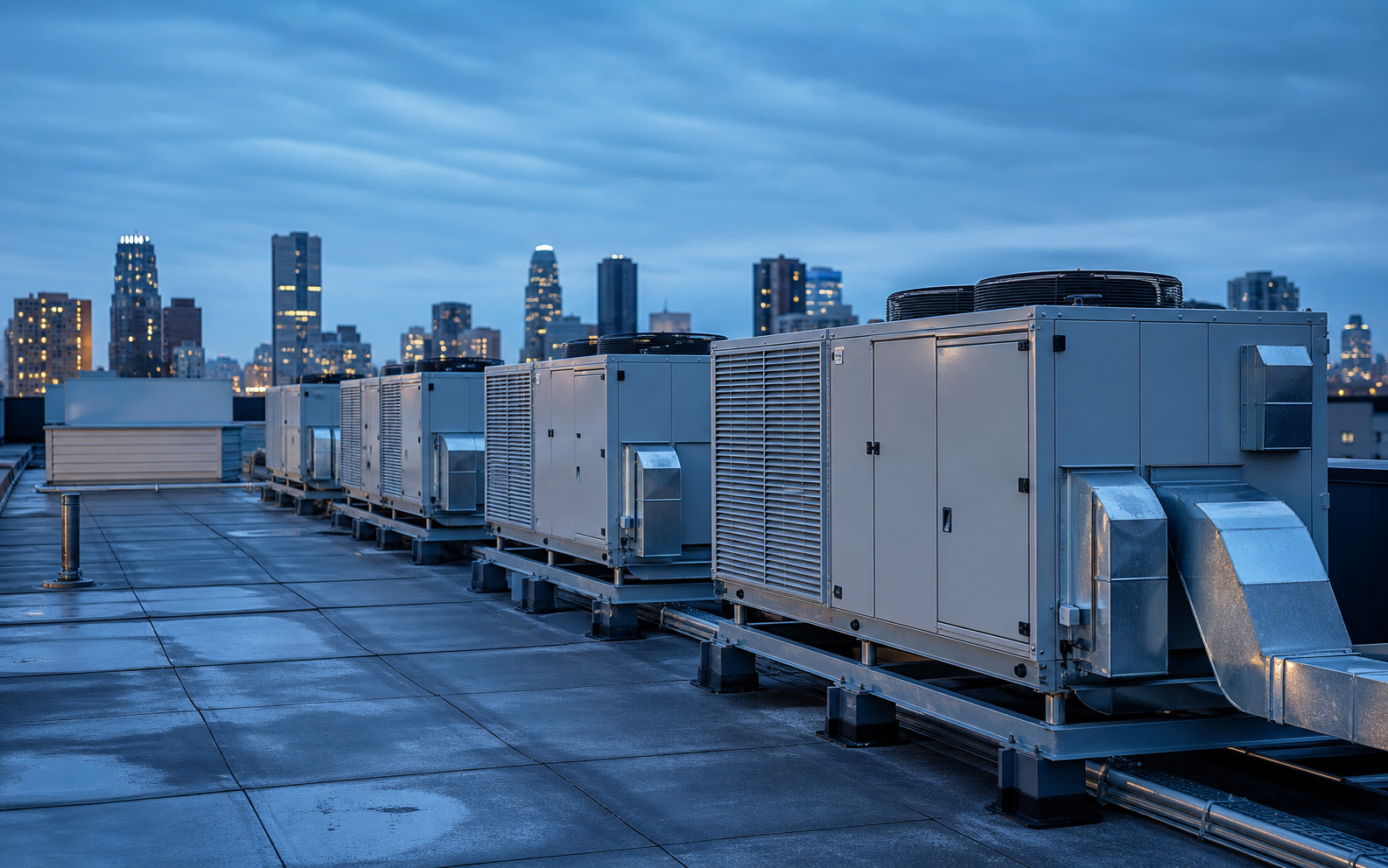 Rooftop HVAC units at dusk